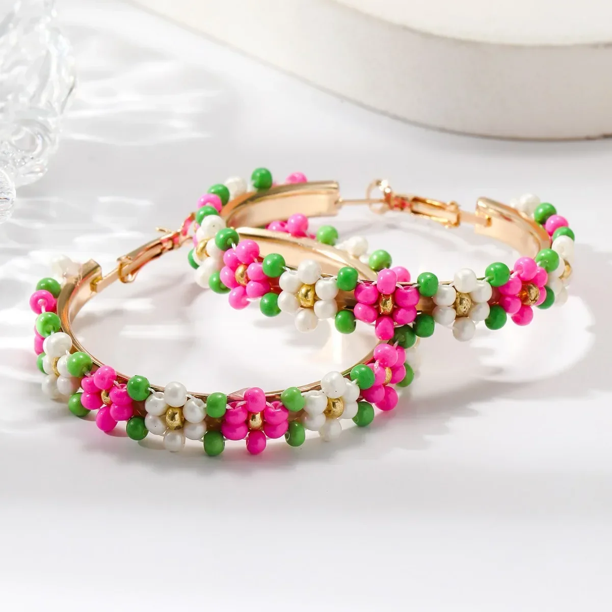 

Rice bead earrings Colour Flowers Circle Individuality Hand knitting Bohemia Alloy Fashion Simple Beaded earrings