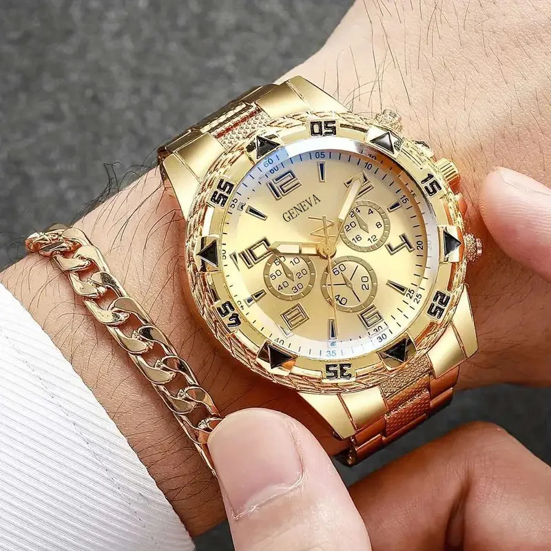 4PCS Men's Watch Set Fashion Trend Business Quartz Watch Bracelet Ring Necklace Set Suitable for Daily Clothing Matching