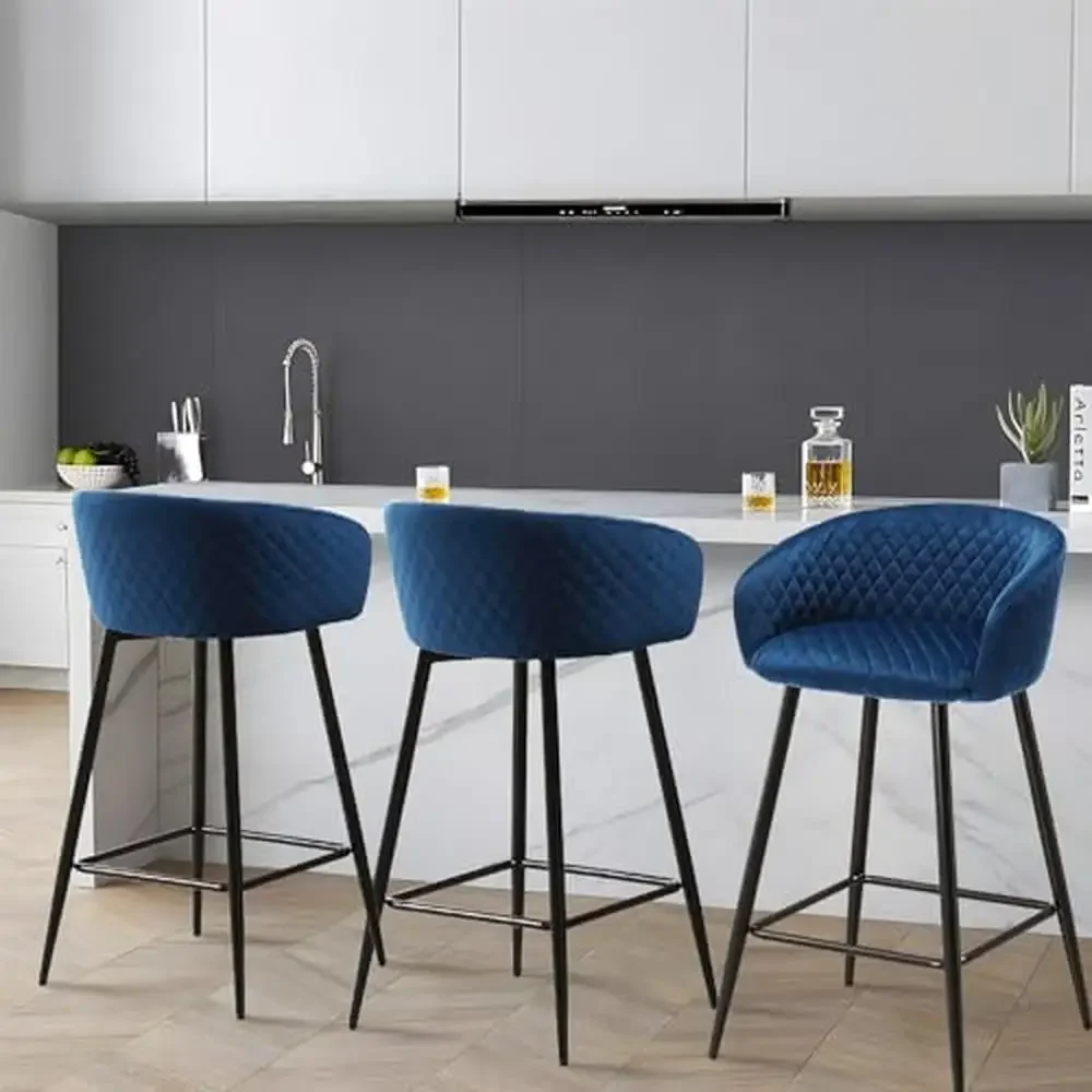 

Modern Velvet Upholstered Bar Stools Set of 3 Diamond Pattern Design Counter Height 27.5" U-Shaped Surrounding Silhouette Blue