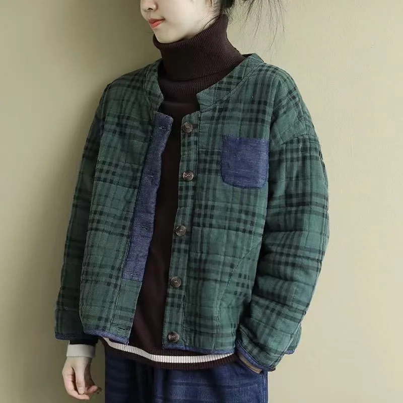 Casual Loose Women's Cotton Jacket Autumn Winter Plaid Stand Collar Warm Outerwear for Middle-Aged And Elderly Ladies