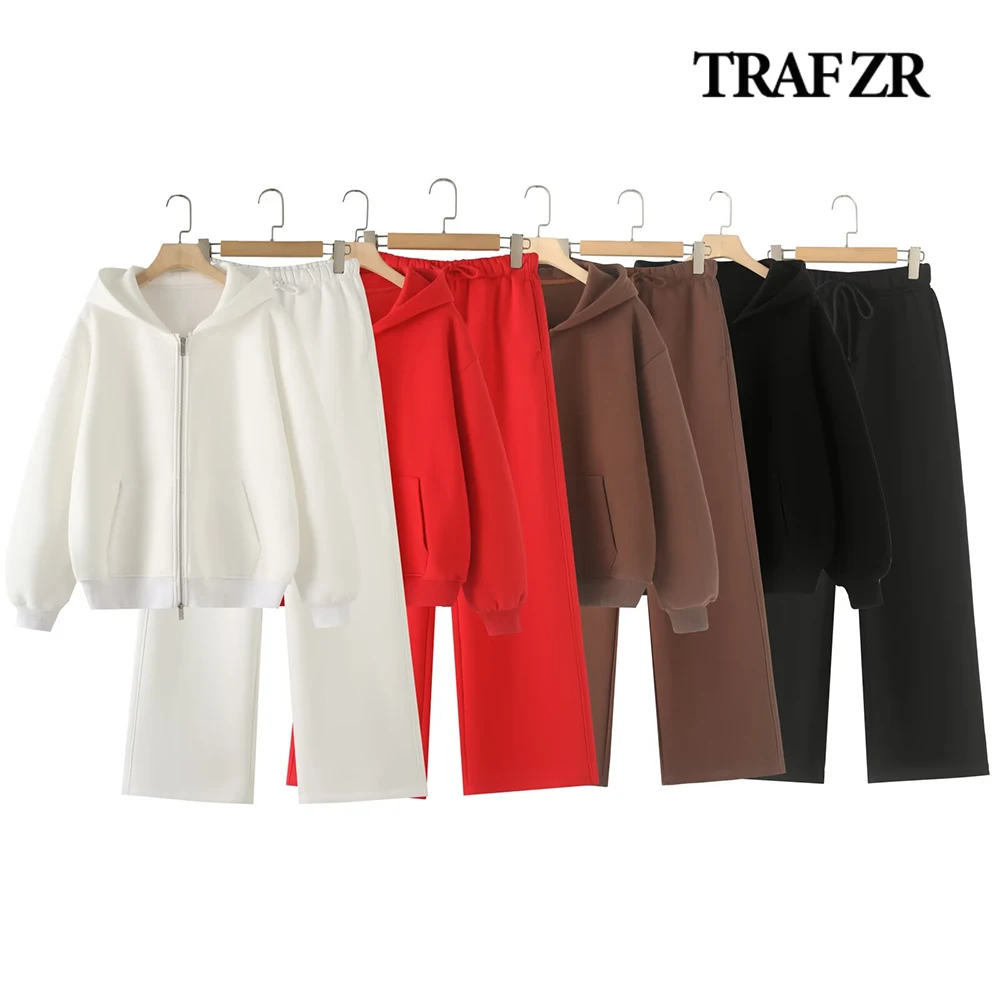 TRAF ZR Relaxation Two Piece Pant Sets Elegant Matching Sets Plush Zipper Sweatshirt Women Suit Elastic Waist Straight Leg Pants