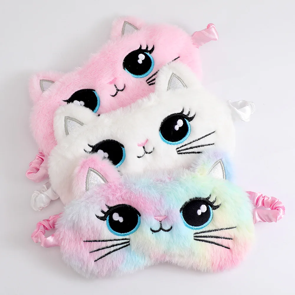Cartoon Cat Embroidered Plush Sleep Mask Colorful Light Blocking Breathable Eye Cover Cute Eye Protection for Women Girls