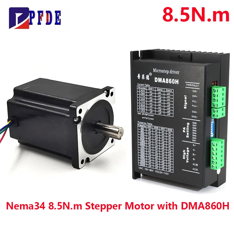Nema 34 Open Loop Stepper Motor 6A 8.5Nm (1200 Oz-in) 118mm Length with DMA860H Driver with Fan for CNC Router Mill Lathe