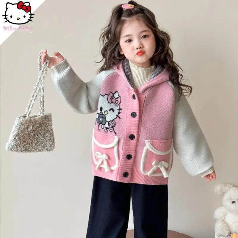 الأطفال الكرتون القط مقنعين معطف سميك Kawaii الخريف الشتاء جديد أنيمي سترة الفتيات سترة مشغولة من الصوف بلوزات الكورية الموضة #4