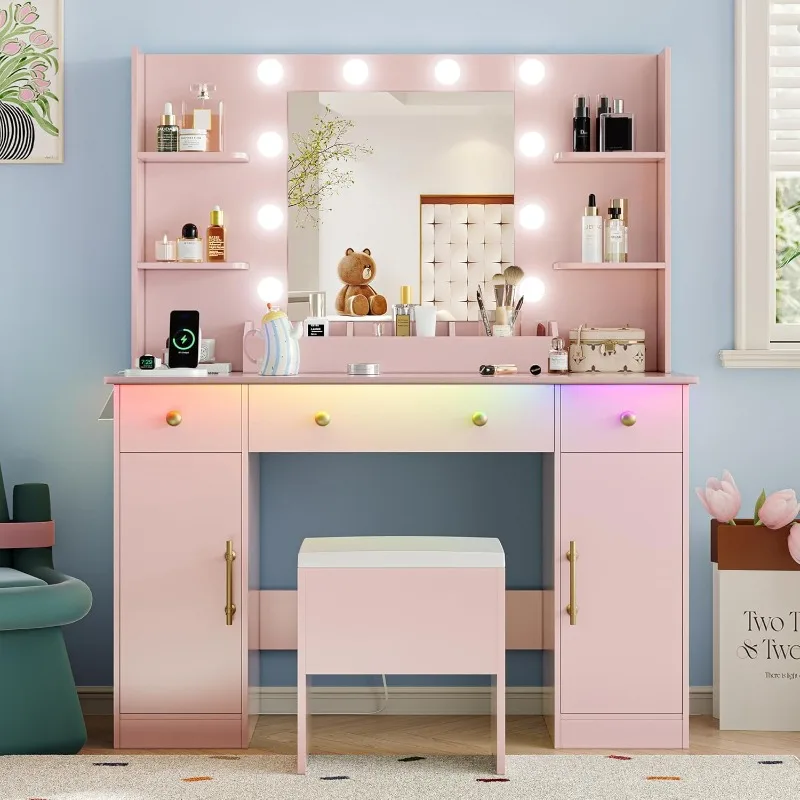 with Mirror and Lights, Makeup Dressing Table Set with Storage Drawers & Stool, Power Outlet, 3 Lighting Modes Adjus