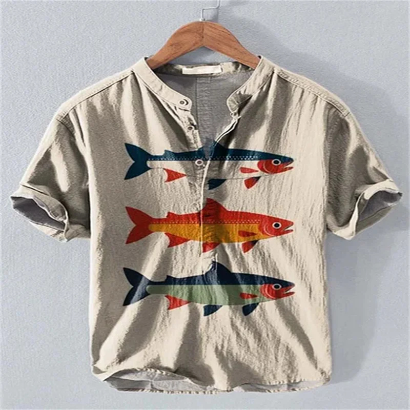 الصيف الرجال الكتان قصيرة الأكمام الخامس الرقبة الرجعية النفط اللوحة طباعة قميص غير رسمي ملابس للرجال حجم كبير التسليم السريع