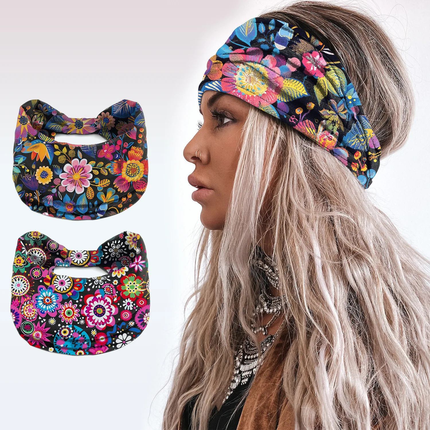 Women Fashion Bohemia Style Headbands Wide Edge Flower Print Elastic Knot Turban Headwrap Summer Beach Headwear Hair Accessories