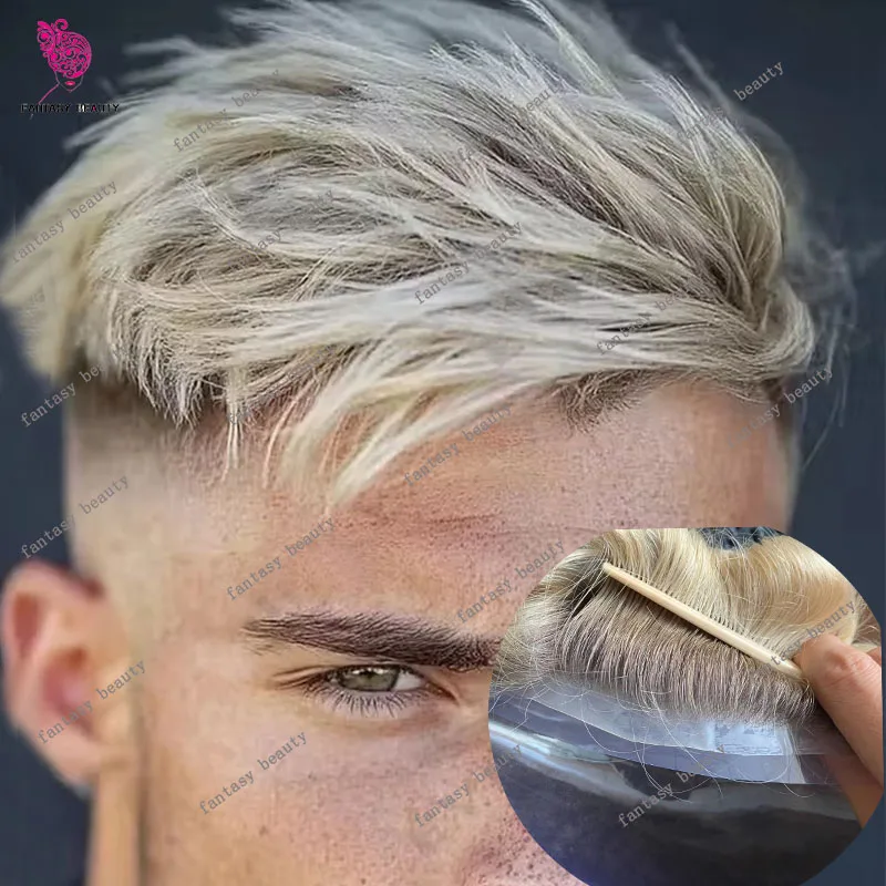 

Натуральная линия корней волос Коричневый Ombre Blonde # 4T/613 0,06 мм ультратонкая кожа PU Vloop микро тонкая кожа мужские парики из человеческих волос