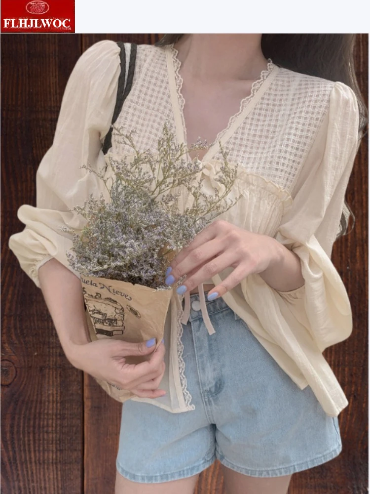 

Womens Long Sleeve Peplum Tops Cute Sweet Preppy Style Girls Korean Style V Neck Ruffled Solid Shirts Blousas