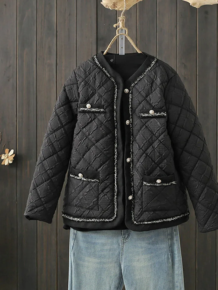 Lekka, cienka damska kurtka bawełniana z diamentową siateczką, krótki okrągły dekolt, jesienno-zimowa modna damska kurtka, ciepła kurtka damska z bawełnianą podszewką.