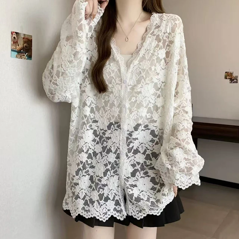 

Hollow Out Lace Shirts for Women Summer Loose Streetwear Long Sleeve Blouse Y2K Sexy See Through V Neck White Shirts Mujer