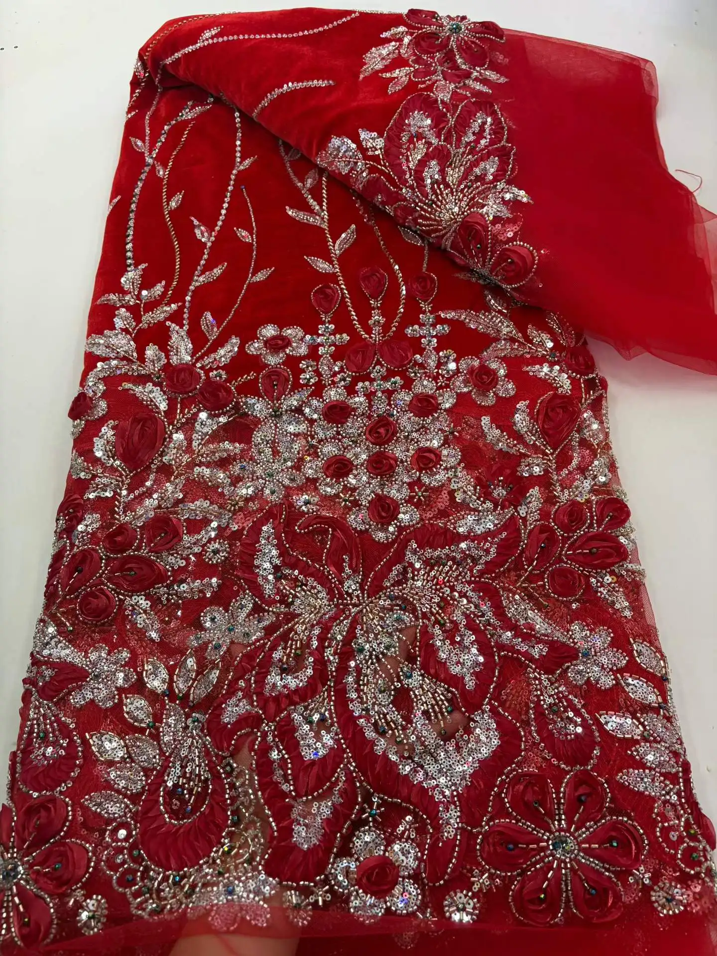 

New Velvet lace Sequins lace beaded lace Heavy Beaded African Lace Fabric Luxury French Lace Material For Wedding Bridal Dress