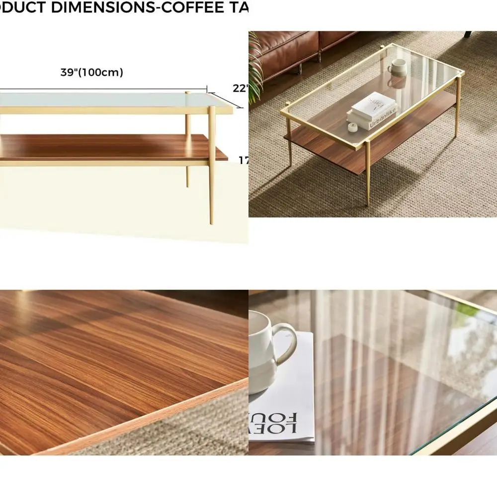 

Mid-Century 2-Tier Coffee Table with Clear Glass Top and Walnut Shelf, Gold Metal Legs