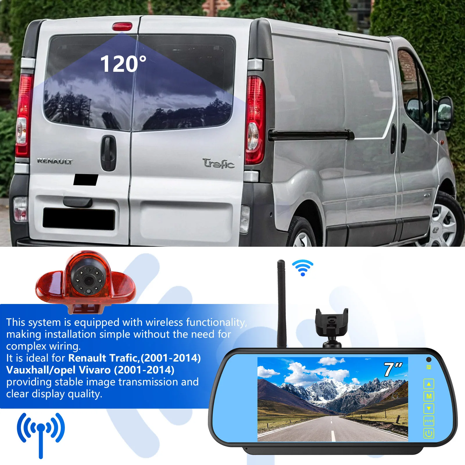 The new wireless camera + 7-inch mirror kit is suitable for Renault Triflex, Opel/Vauxhall Vivaro (2001 - 2014 model) vehicles.
