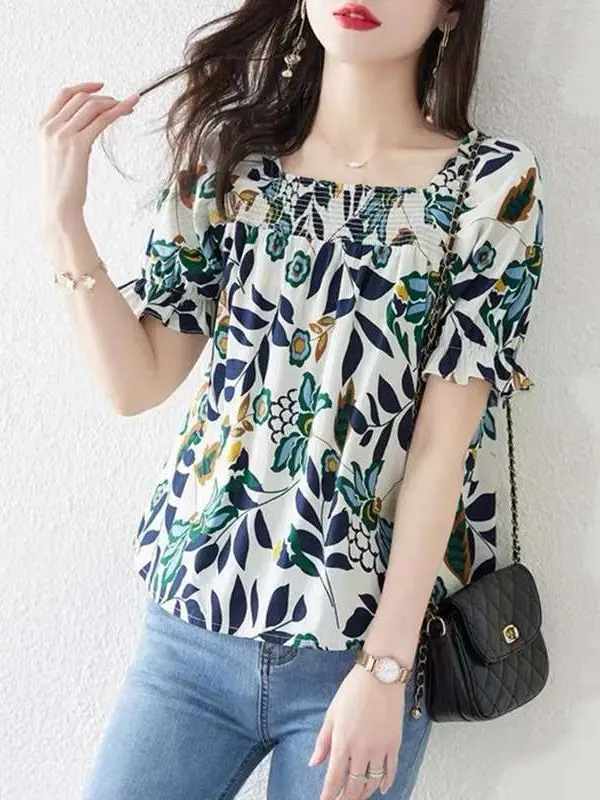 

Women's Square Collar Shirt Summer New Style Short Loose Cleanfit Polyester Fiber Thin Material Bifurcate Sleeve Square Neck