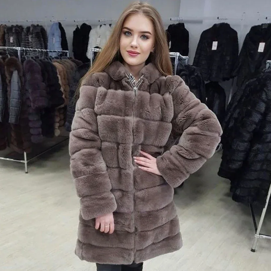 Rex Rabbit Fur Jacket Detachable Length Quality Overcoat Women Fashion Long Hooded Fur Coat