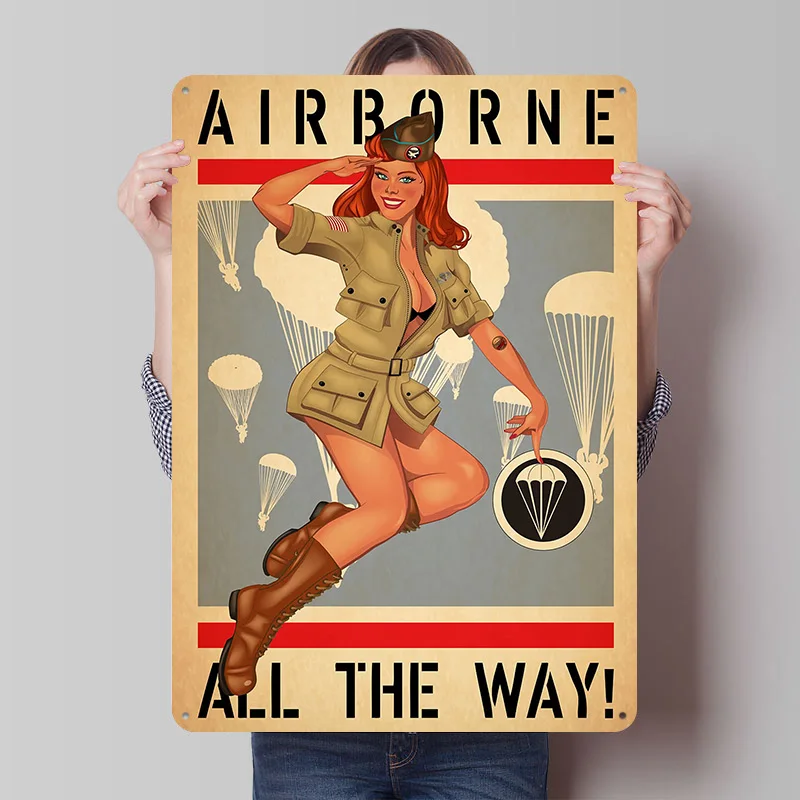 Airborne Pinup Girl 1942 Tinplate Posters Customizable Wall Art Retro Vintage Metal Signs for Home Room Garage Decoration Gaming