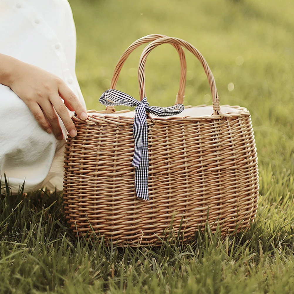 

1pc Handmade Rattan Woven Storage Basket Organizer Fruit Holder Portable Flower Container Household Weaving Bin Picnic Shopping