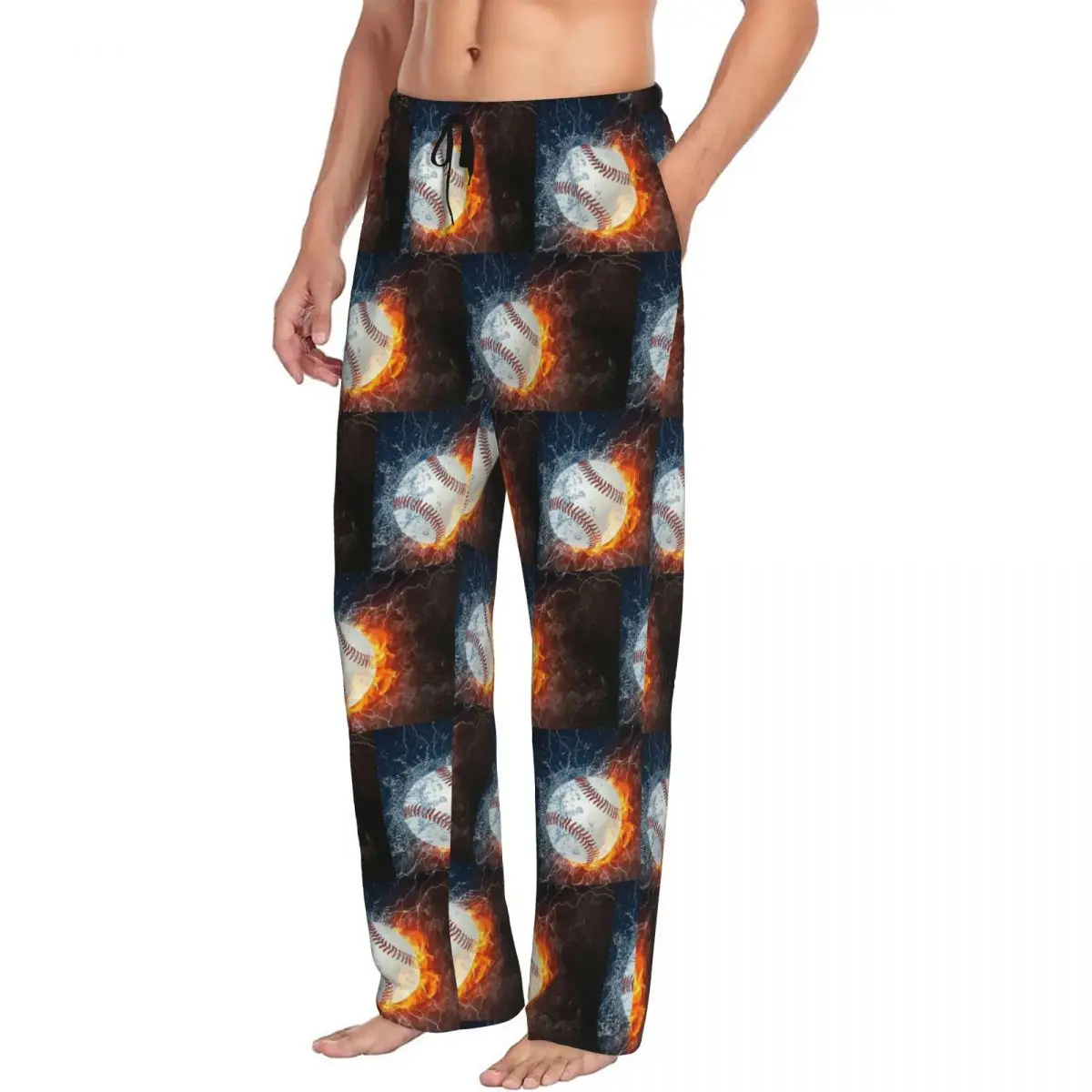 Custom Baseball In The Fire And Water Men Pajama Pants Lounge Sleep Sleepwear Bottoms with Pockets