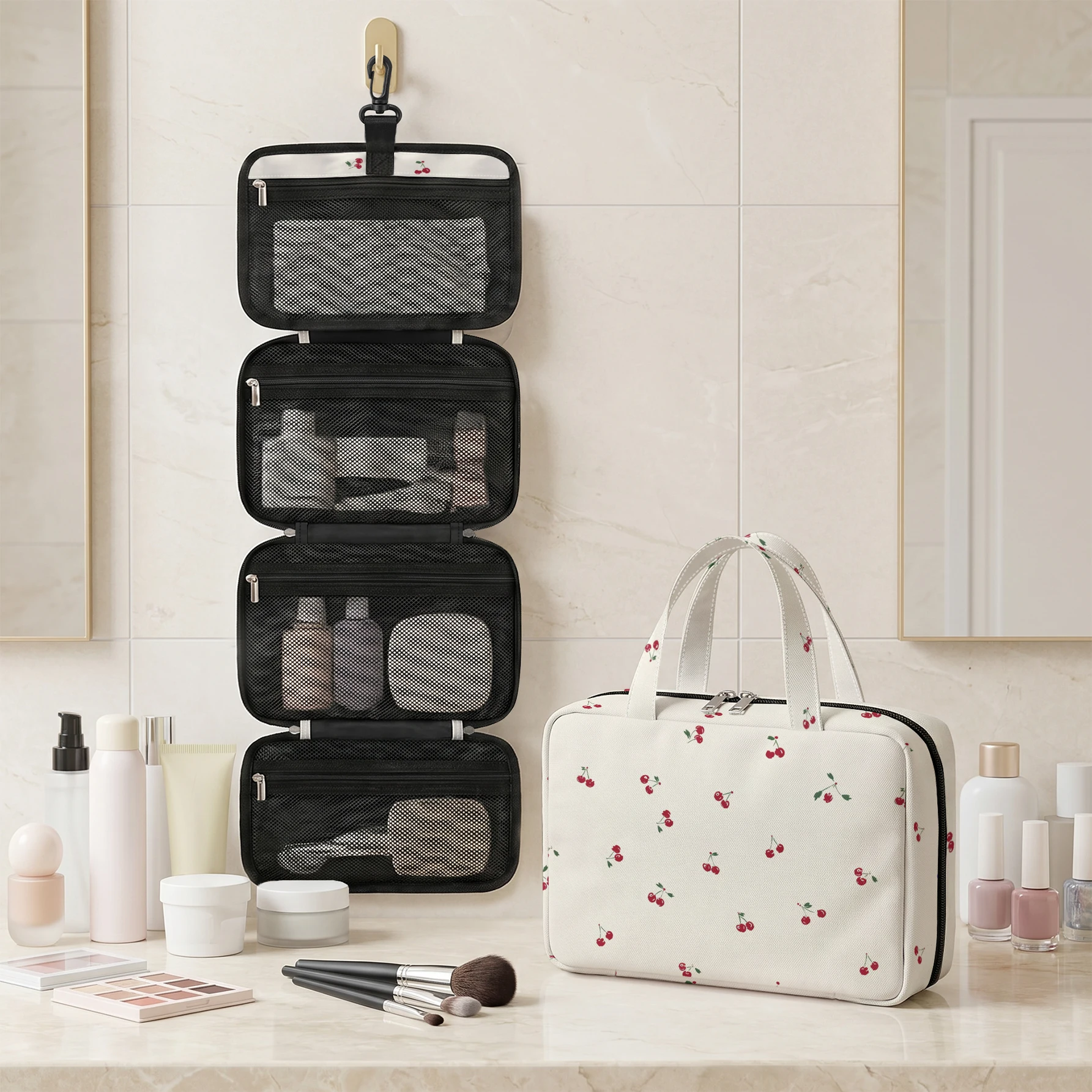 Cherry Print Hanging Cosmetic Bag Foldable Multi Pocket Toiletry Bag For Travel Daily Use