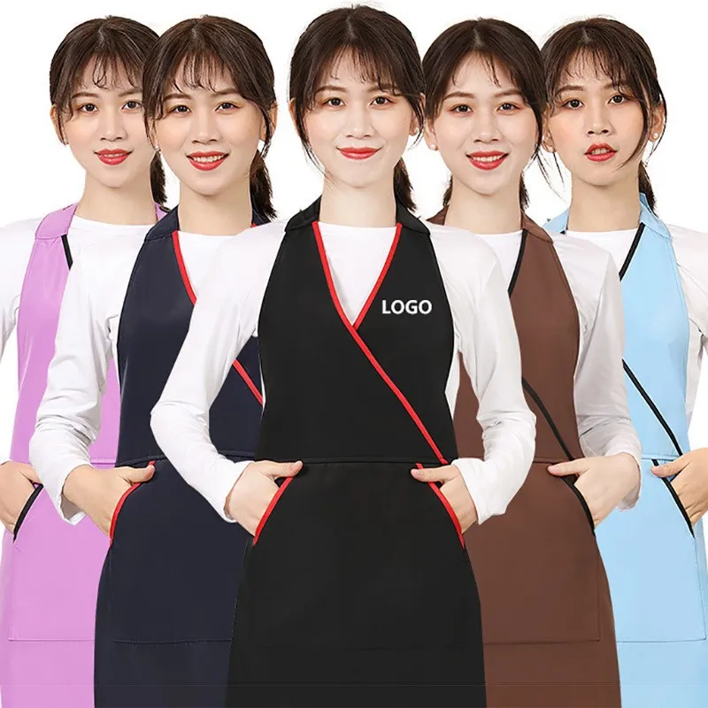 Japan Korea Custom Logo Kitchen Apron Nail Beauty Salon Coffee Shop Attendant Work Accessories  Woman Cotton v-Neck Apron