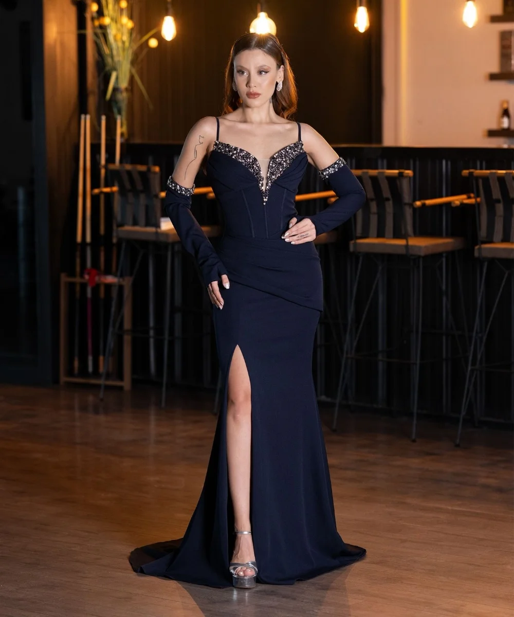 

Customized High Quality Jersey Pleat Sequined Mermaid Spaghetti Strap Long Dresses Bespoke Occasion Quinceanera Chinese Style