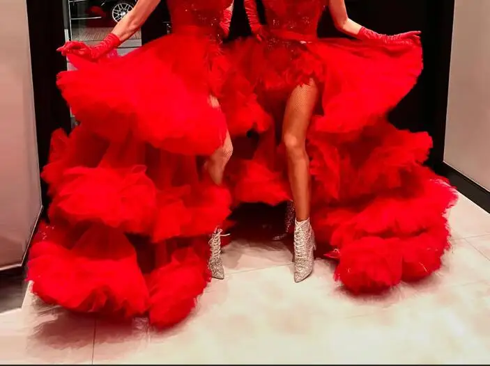تنورة نسائية من التول الأحمر مع كشكشة ذات طبقات وترتر بتفاصيل للمناسبات الخاصة تنورة من نسيج البوليستر عالي الجودة #2