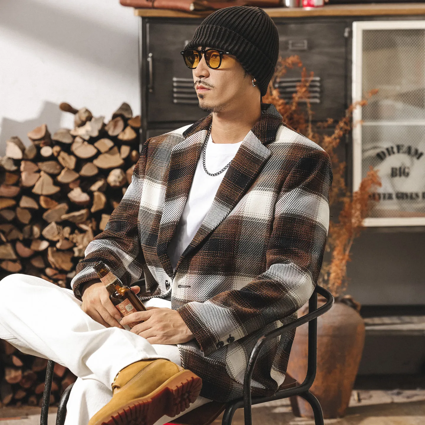 American Retro Yarn-Dyed Plaid Blazer Jacket for Men 2026 Autumn Winter Trendy Streetwear Commuter Casual Loose-Fit Suit Jacket