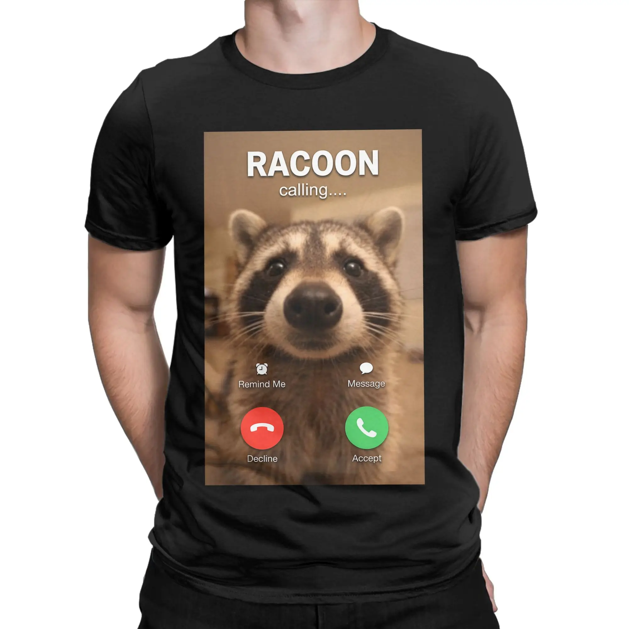 Men's T-Shirt Racoon Calling Funny Animal Phone Call Meme 100% Cotton Tees Short Sleeve  T Shirt Round Collar Clothes 4XL 5XL