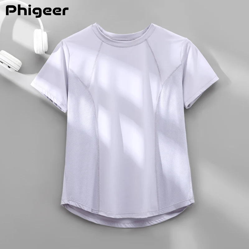 PHIGEER Women's Mesh Running T-shirt Short Sleeve Tee Gym Top Ventilation Compression Shirt Bike Golf Gym Wear Sports T-shirt