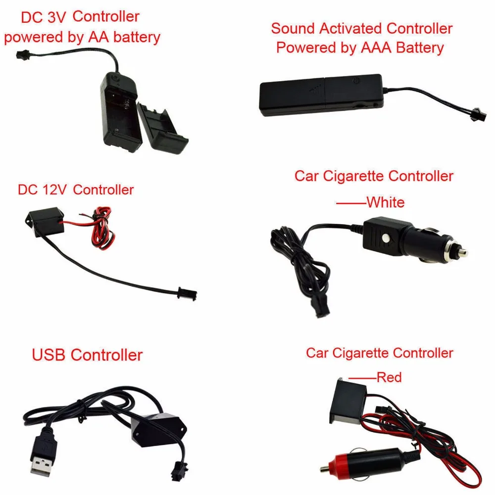 Som USB ativado LED Neon Light, Brilho Cordas Tiras, Controlador e Inversor, USB, Cigarro do carro, 2X, 3X, 5X, EL Wire, 1m, 3V, 12V