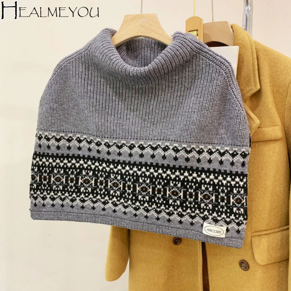 

Простой вязаный шарф-пальто в стиле Фэр-айл, теплый, с асимметричным жаккардовым узором, в корейском стиле, с разрезом на шее, для девочек