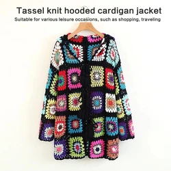 Bohemian Tassels Tie Front Hoodie Cardigan Hollowed Crochet Knit Colorful Long Sleeve Outwear Jackets Beach Coverup Coat