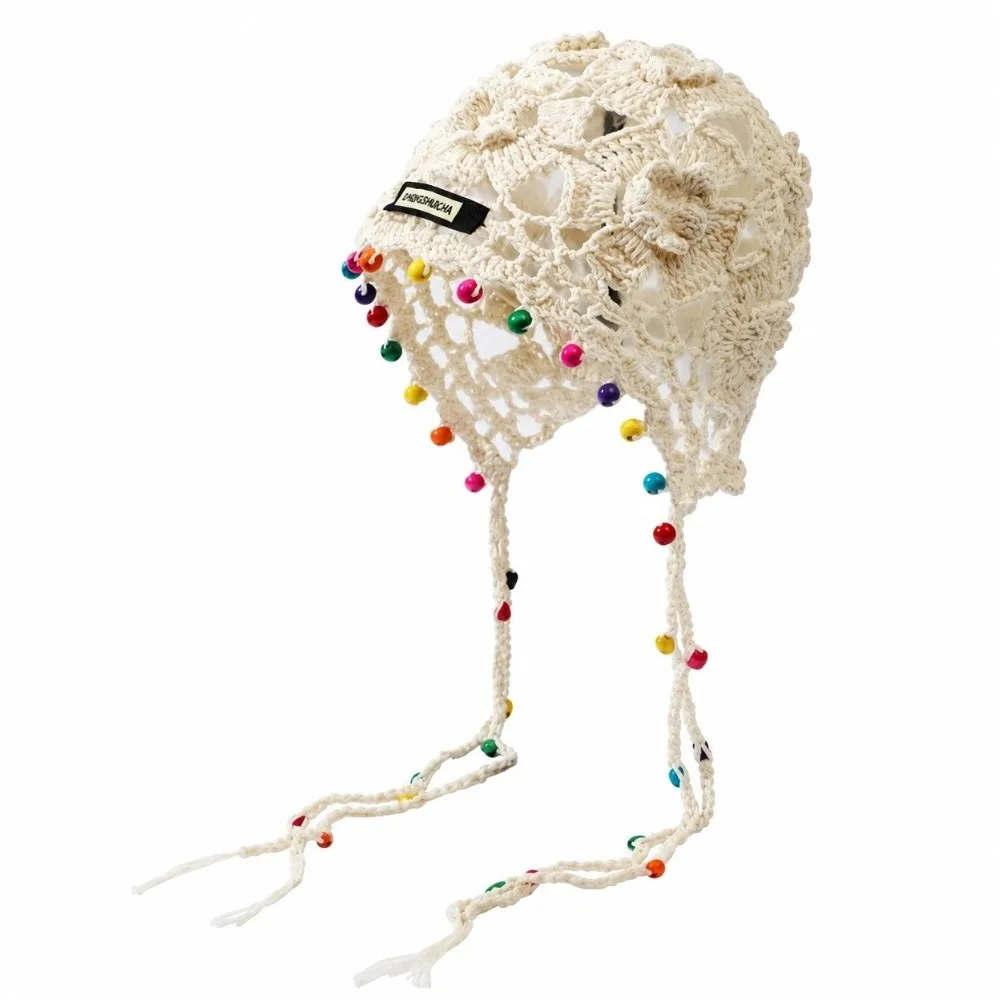 Openwork Crochet Knitted Beanie Drawstring Strap Soft Yarn Fabric Boho Hat Color Bead Tassel Hand‑hooked Craft Ethnic Beanie