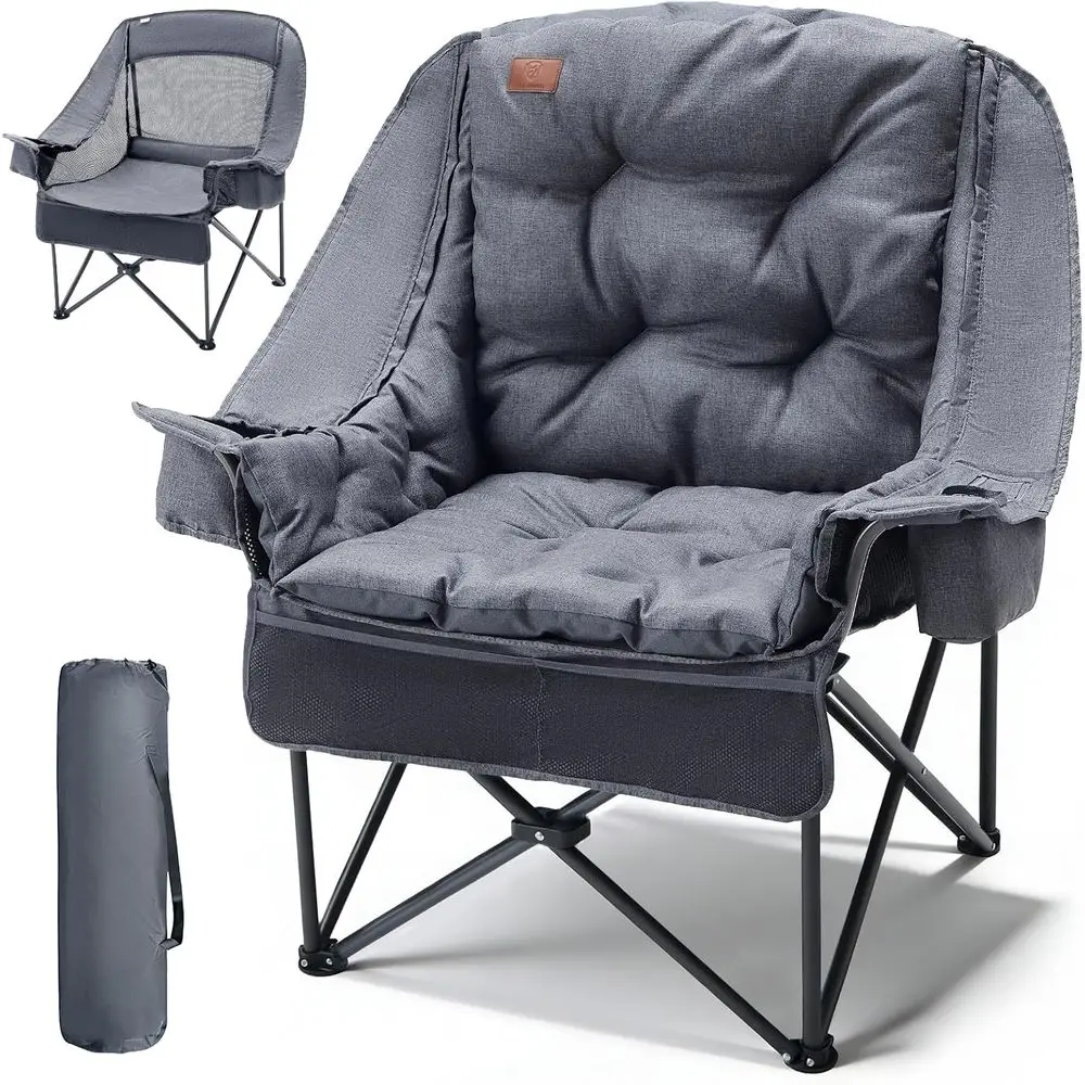 

Oversized Heavy-Duty Outdoor Fishing Chair with Detachable Cushion and Cooler, Supports 400lbs, Grey
