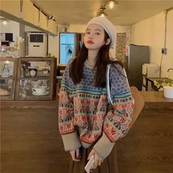 Sweater Women Spring Autumn Winter 2023 New Korean Vintage O-neck Sweet Full Print Loose Girls Sweater