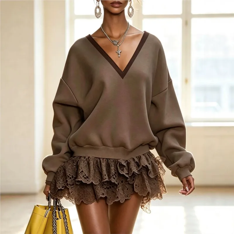 Fashion Loose Tiered Lace Mini Dress Female Casual V Neck Long Sleeve Patchwork Ruffle  Dress Autumn Winter Daily Women Dresses
