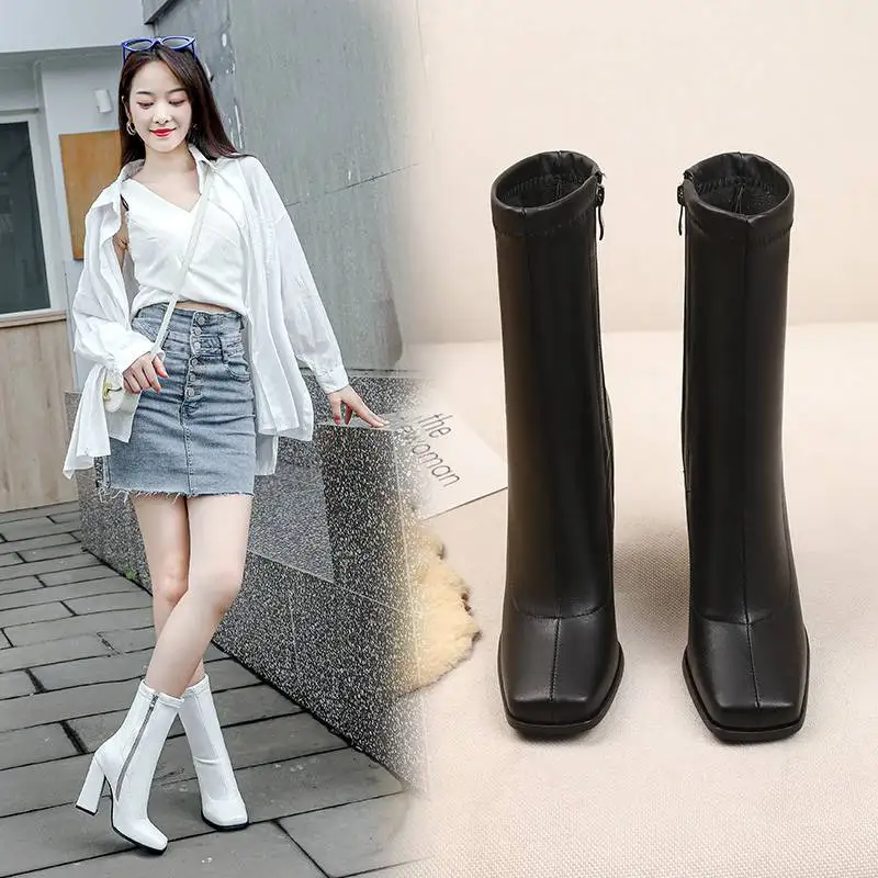 REAVE CAT Ladies Stretchy Boots 17.5cm Shaft Toe High Block Heel 10cm Size 34-44 Fashion Footware