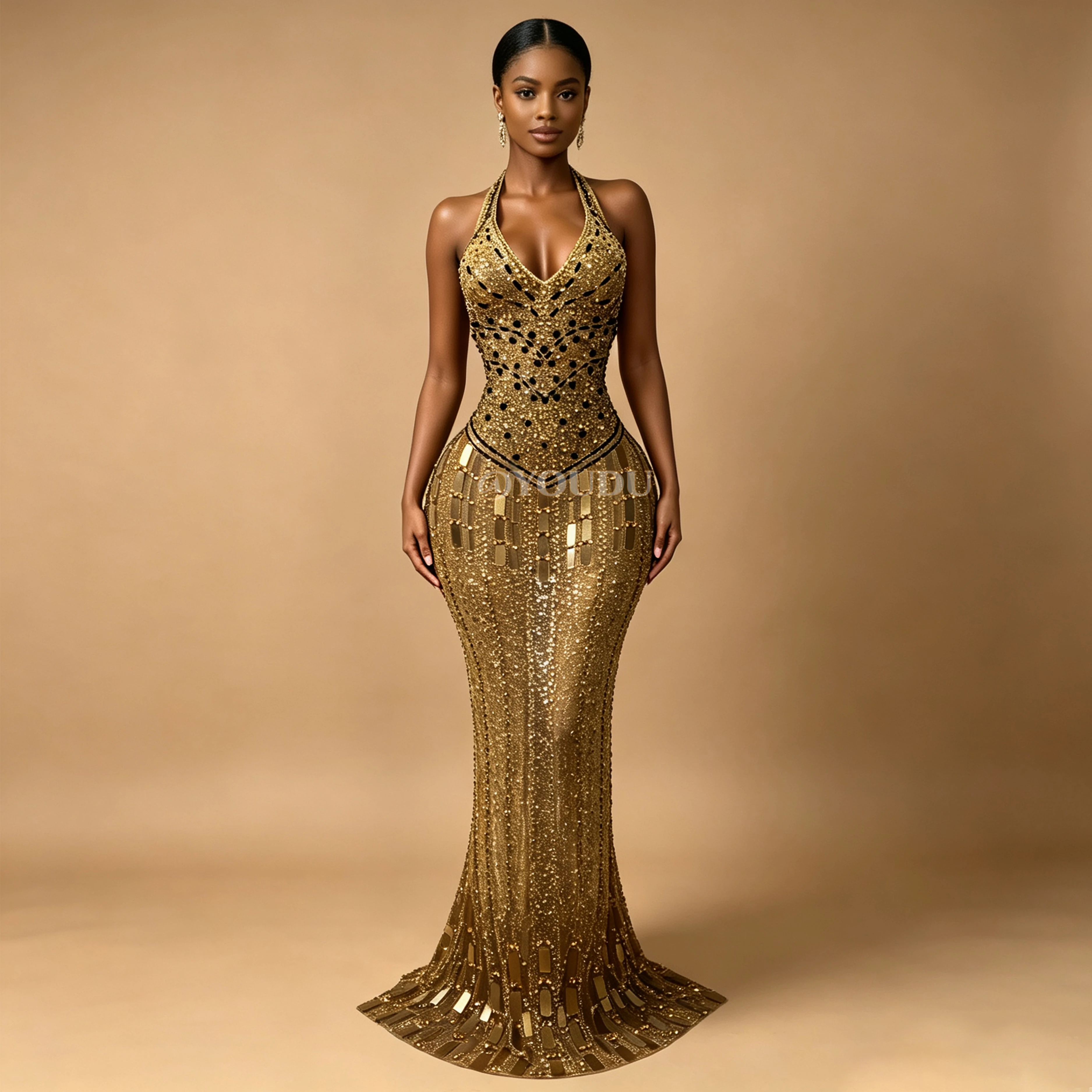 High-end Shiny Mirrors Rhinestones V-neck Backless Evening Dress Sexy Cocktail Party Gown Red Carpet Stage Outfit Gutongjingpian