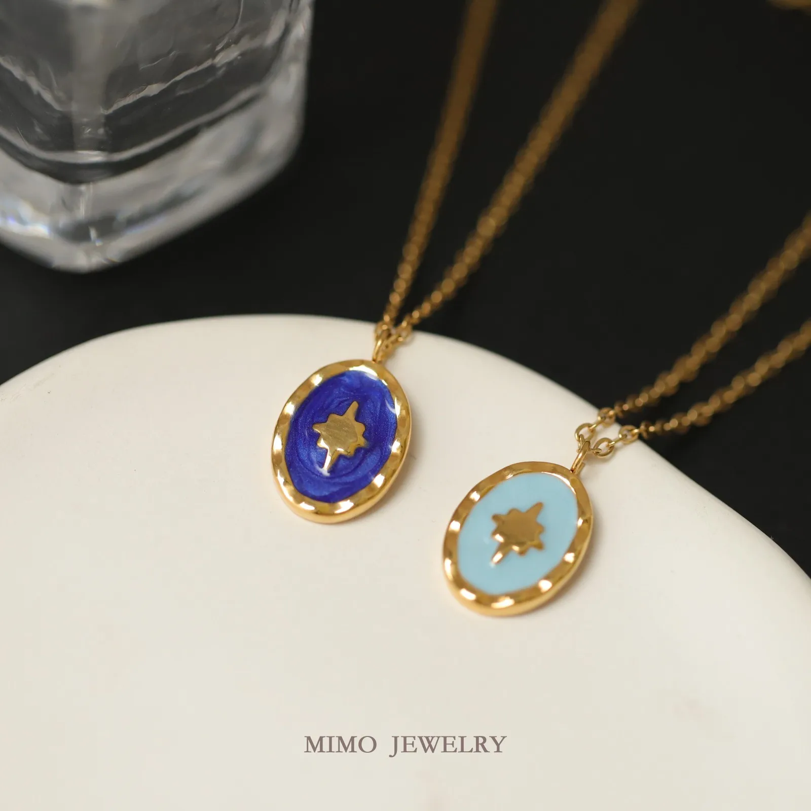 Fresh Oval Octagonal Star Blue Drip Oil Charms Pendant Supplies DIY Hand Stainless Steel Gold Plated Accessories 13x20mm