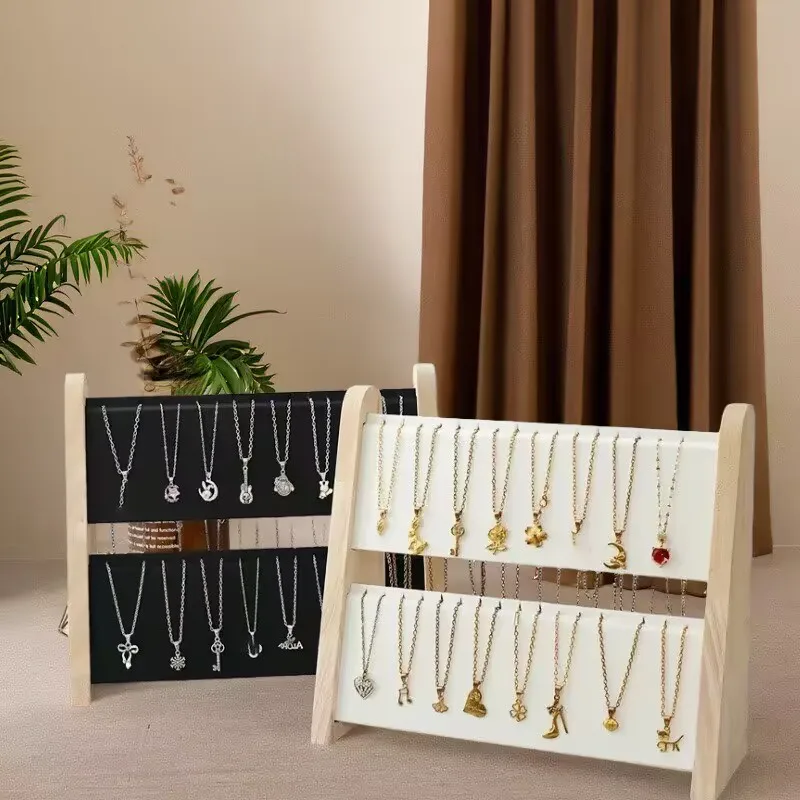 

2/3 Layers Wood Slope Shape Jewelry Display Necklace Pendant Organizer Stand Holder Rack Showcase Tray