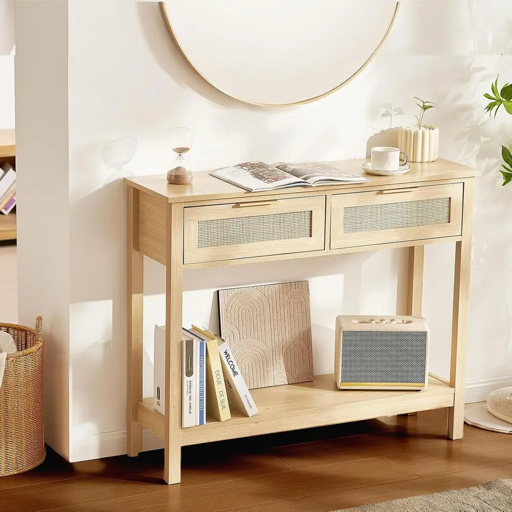 

Rattan ole Table with 2 Storage Ders, Rattan Entryway Table with Natural Rattan Sliding Door, ole Soa Table or Living Room, Stud