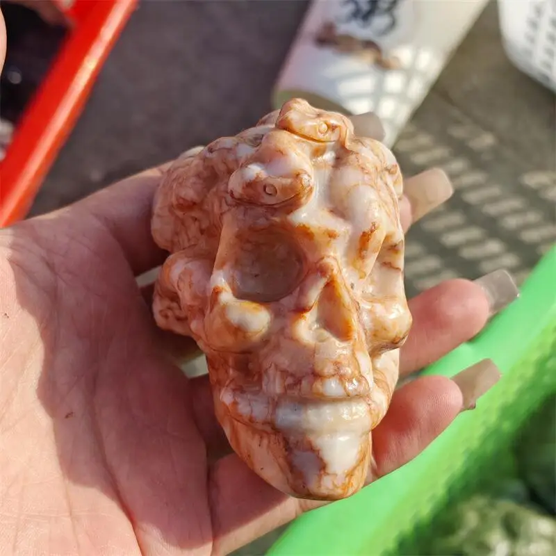 Natural Network Stone Snake With Skull Carving Energy Stone Crafts Small Decoration Home Decor Holiday Gift 1pcs