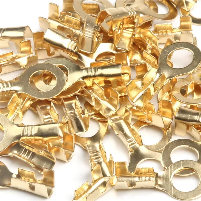 100PCS Ring Crimp Terminal Lugs Electrical Wire Cable Connectors Gold Brass M3 M4 M5 M6 M8 M10 O-Shoe Type Plug for Splice Screw