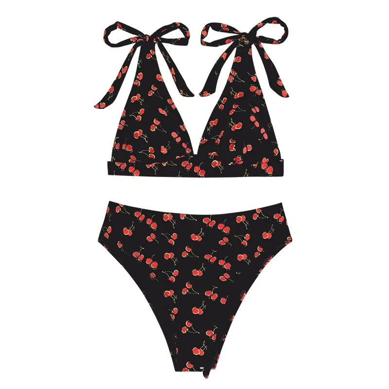 Women Sexy High Waist Bikini Set Tropical Print Swimwear Push Up Bathing Suit Bow Tie Side Ties Sexy Bandage Floral Swimsuit