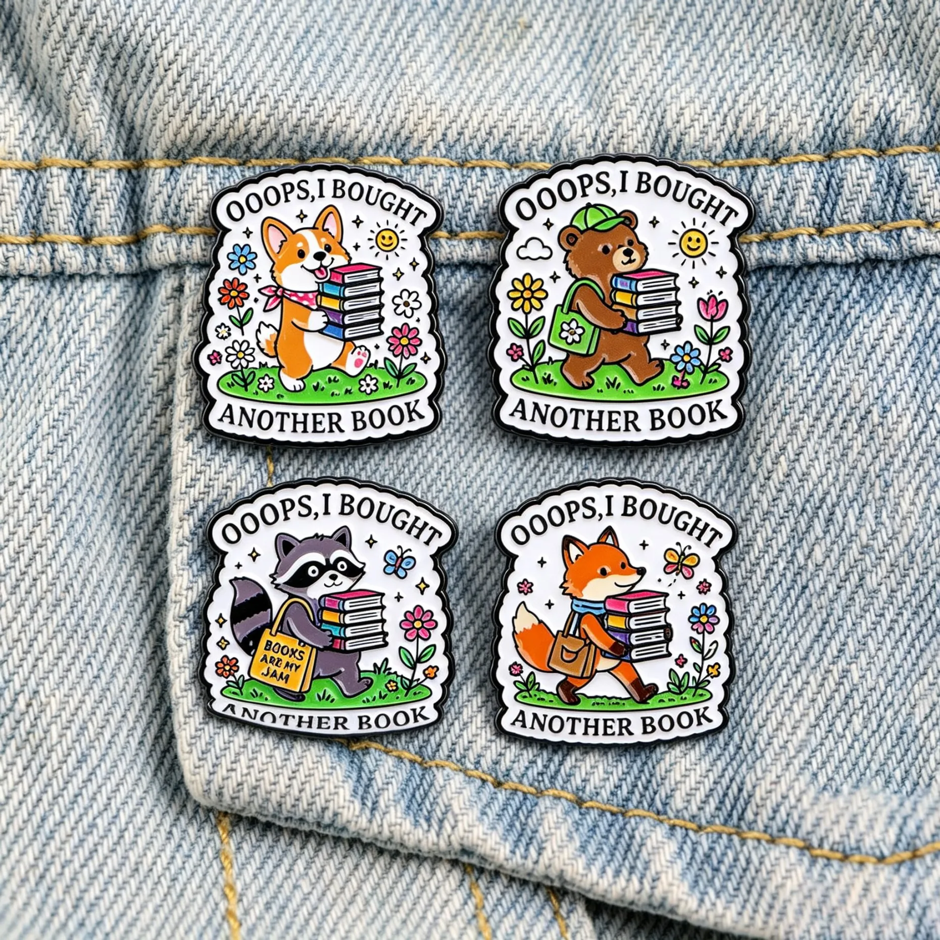 Book Lover Enamel Brooches Cute Cartoon Corgi Fox Bear Raccoon With Books Lapel Pins Oops I Bought Another Book Badge