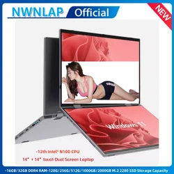 Dual Screen Laptop Intel N150 N100 Processor 14“+14” touch Gaming Laptop DDR4 32GB 1TB 2TB SSD Notebook Computer