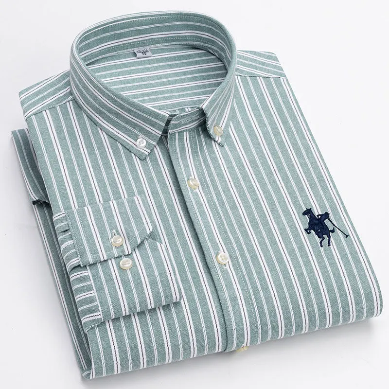 Quality 100% cotton Oxford Men\'s striped Long sleeve shirt Embroidered horse label Business Casual no-iron slim plus size 5XL