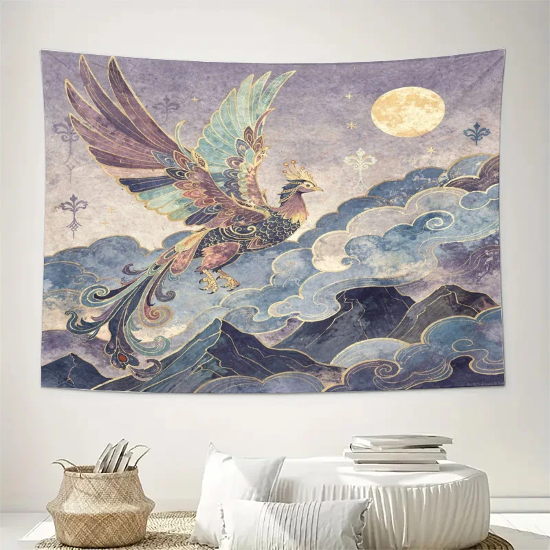 Large Phoenix Wall Tapestry Hanging Decor Art Mural Cloud Moon Background Bohemian Fantasy Tribal Style Abstract Print for Home