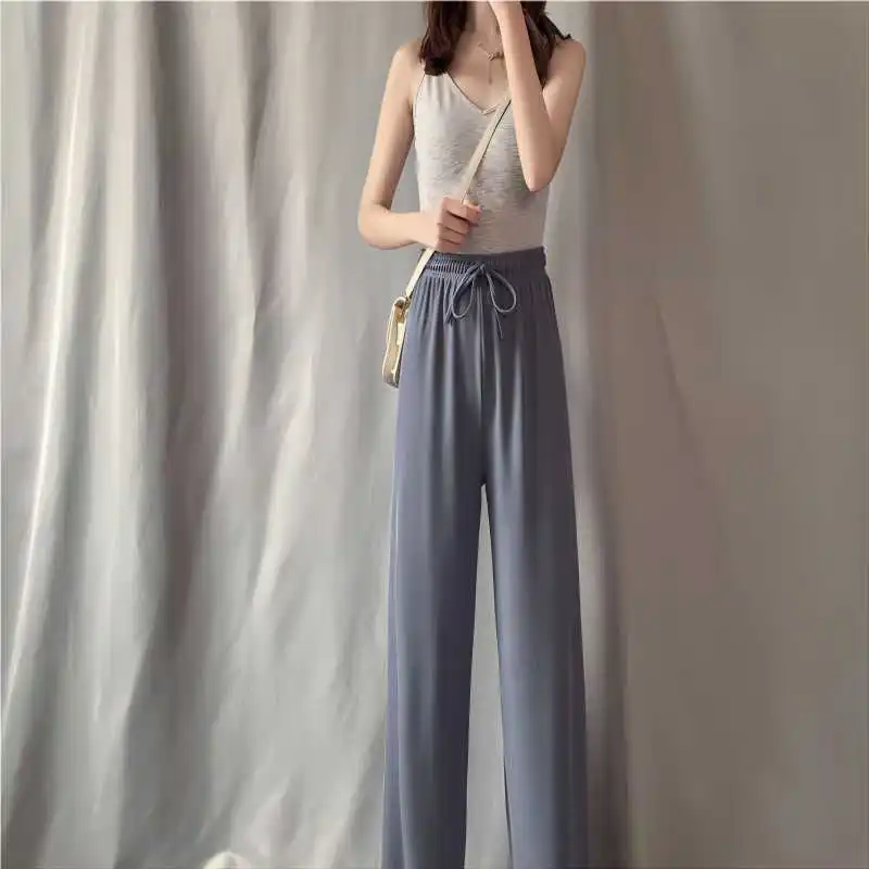 Women Pants Spring Summer Ice Silk Wide Leg Pants 2024 High Waist Loose Straight Casual Pant Female Outdoor Black Trousers